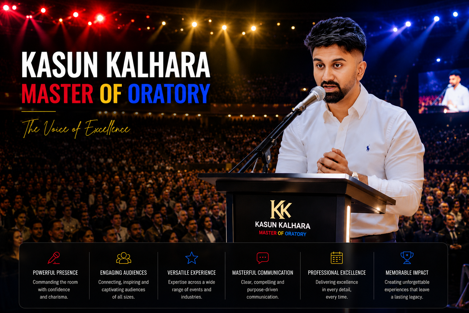 Kasun Kalhara — Master of Oratory, The Voice of Excellence, addressing a large live audience